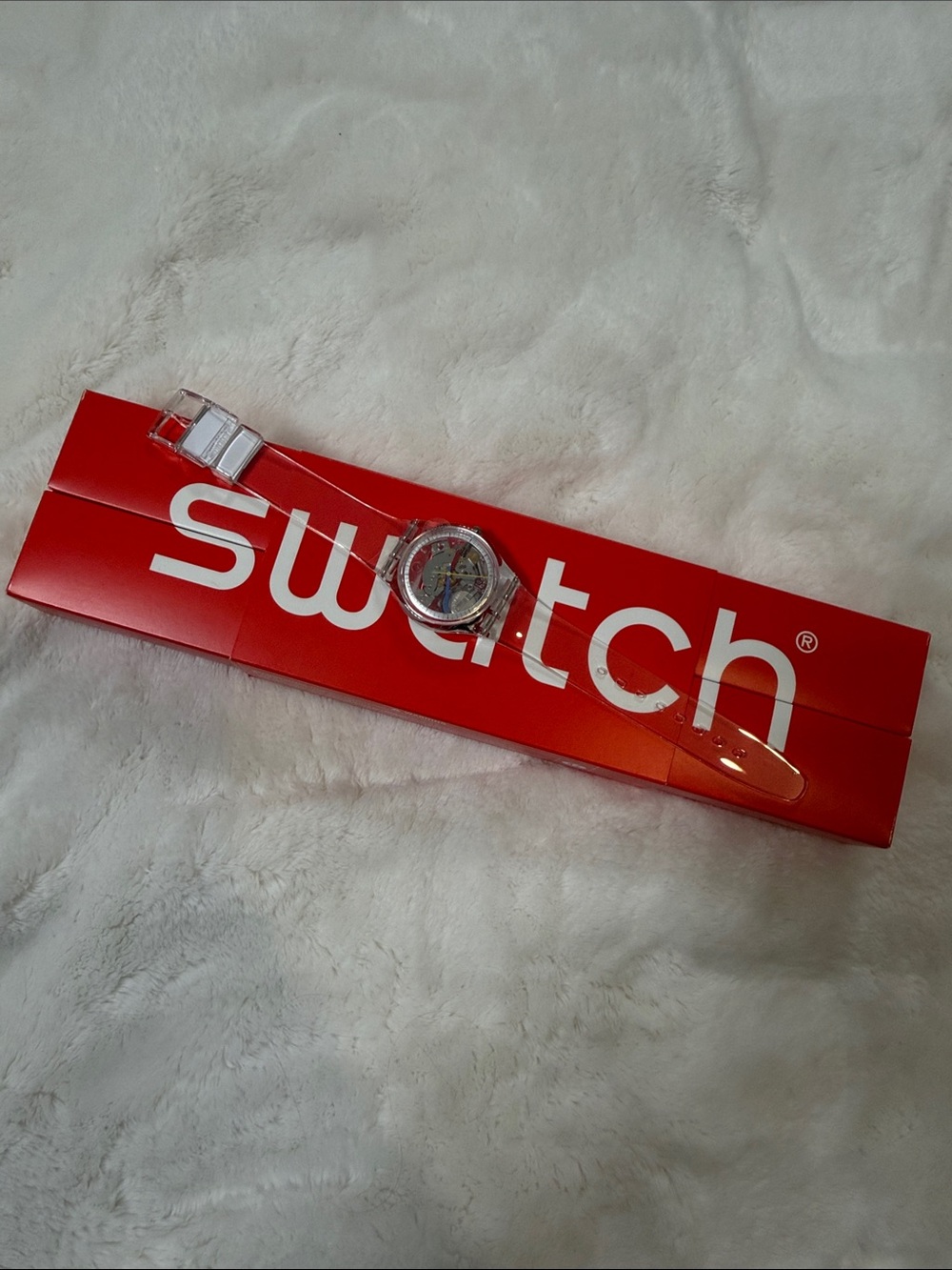 Swatch Transparent Band Watch with Multicolor Dial